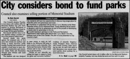 newspaper article headline "City considers bond to fund parks"