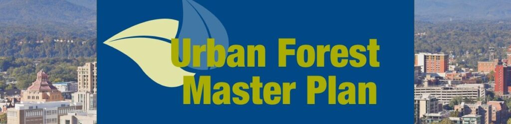 skyline of Asheville with words and logo 'Urban Forest Master Plan'