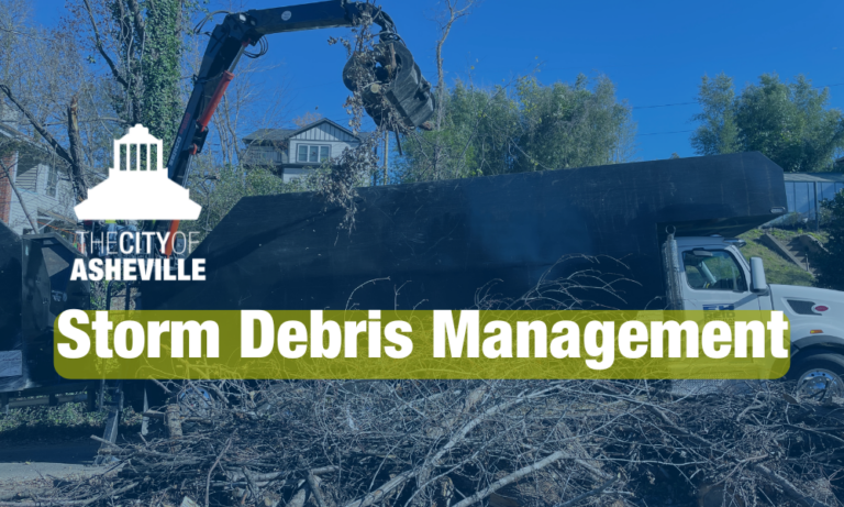 debris truck collecting debris with city logo and the text storm debris management