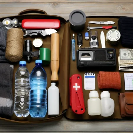 contents of an emergency kit including bottled water, can opener, canned food