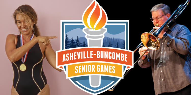 Collage with older adult wearing a swimsuit and another playing a trombone with the Asheville-Buncombe Senior Games logo in the foreground