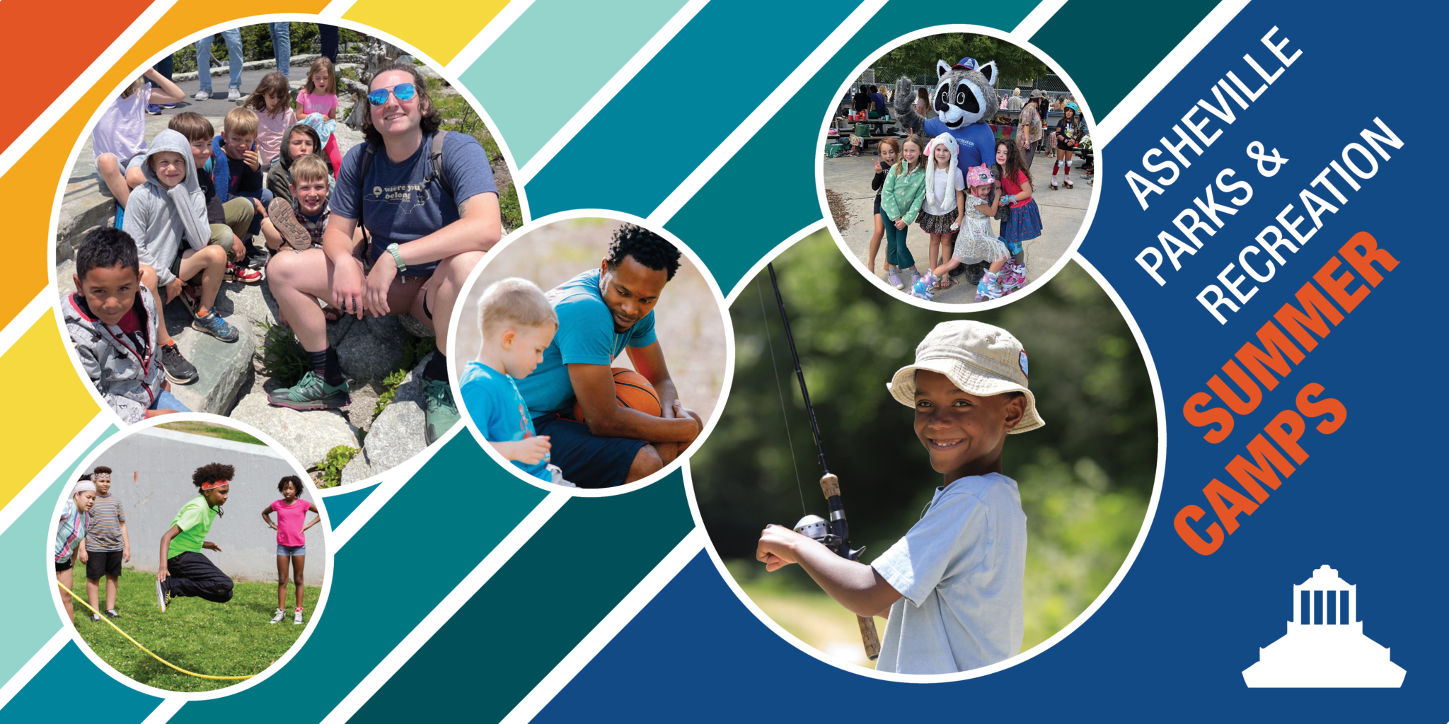 banner with multi-colored background, photos of children and text "Asheville Parks & Recreation Summer Camps"