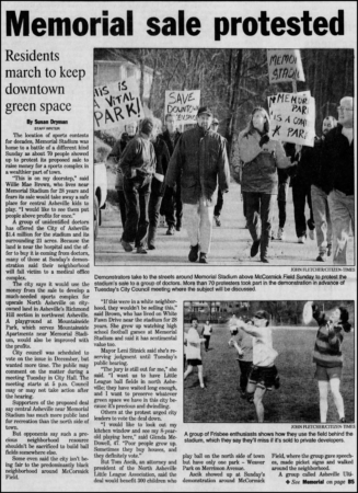 newspaper article with title 'memorial sale protested'