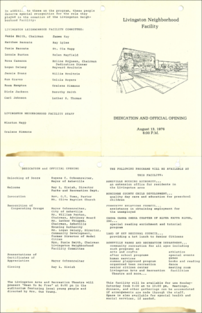 program from dedication and official opening of Livingston Neighborhood Facility