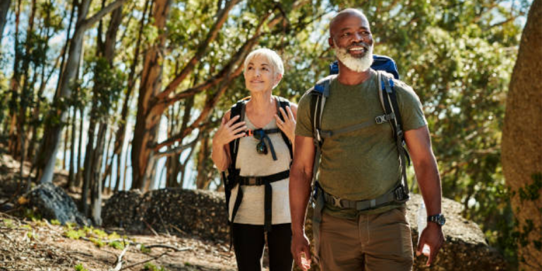 man and woman hiking
