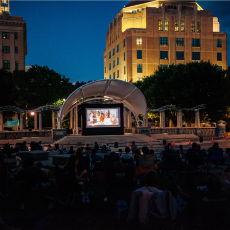 pack square park with outdoor movie screen