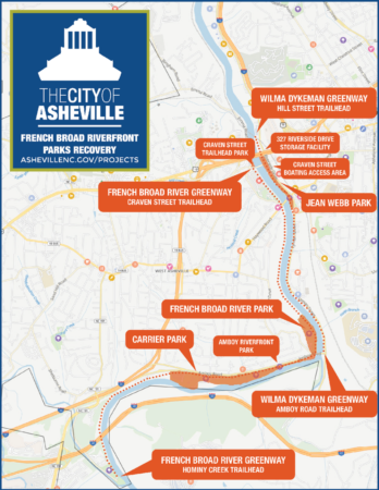 Illustration of French Broad Riverfront properties damaged by Helene