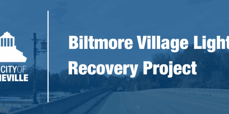 Biltmore Village lights with blue overlay, city logo, and project name