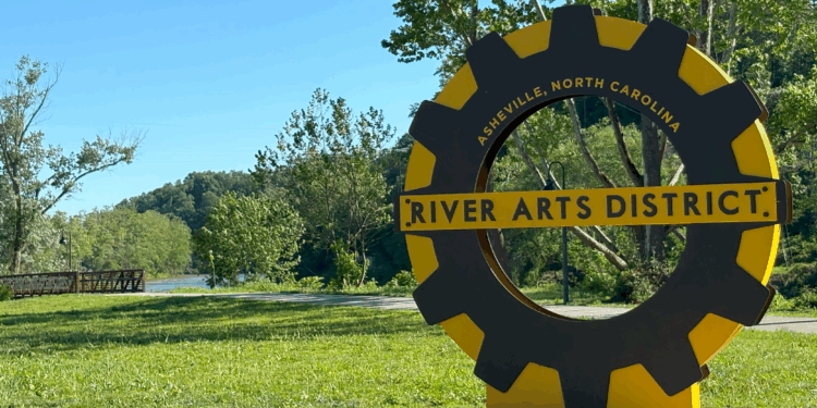 the River Arts District cog public art piece