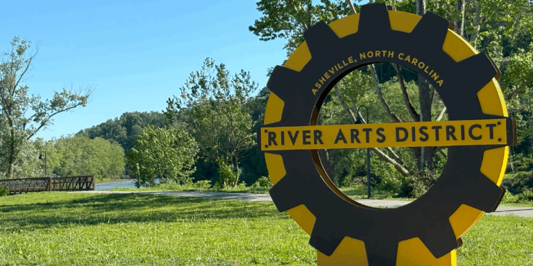 the River Arts District cog public art piece