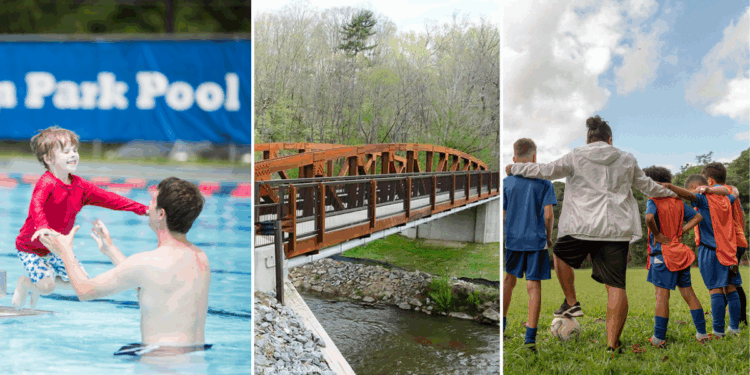 trip tic picture featuring from left to right: kids in pool, footbeidge and coach and young soccer players on a field