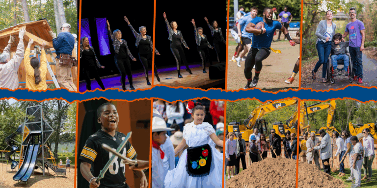 collage of different parks and recreation images including woodoworking, dancing seniors, football, greenway walking, playground and ground breaking
