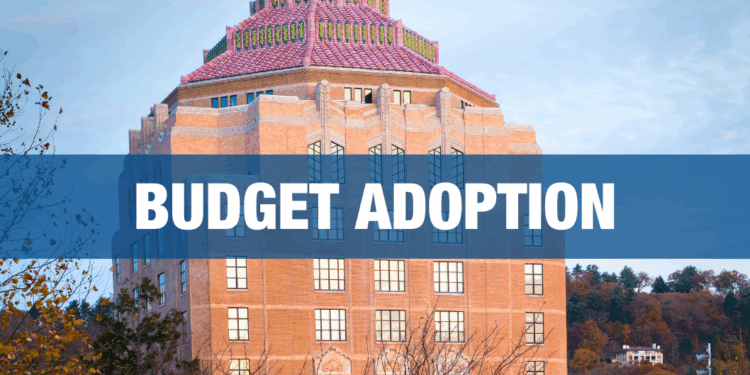 image of asheville city hall with title budget adoption overlaid