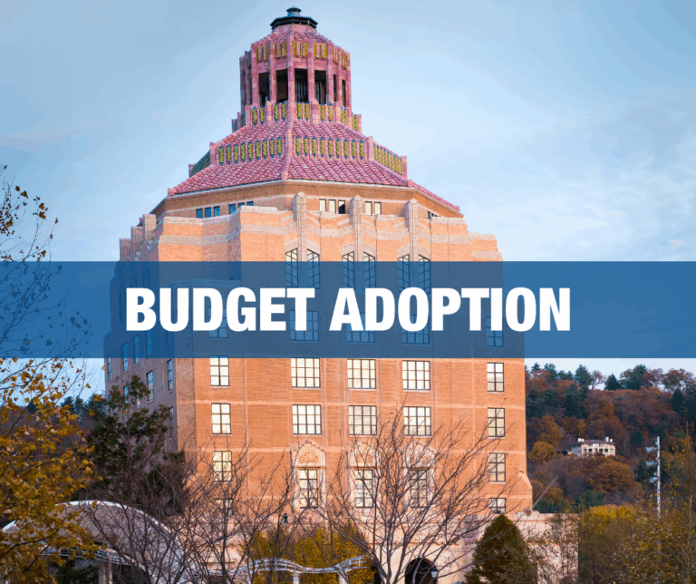 image of asheville city hall with title budget adoption overlaid