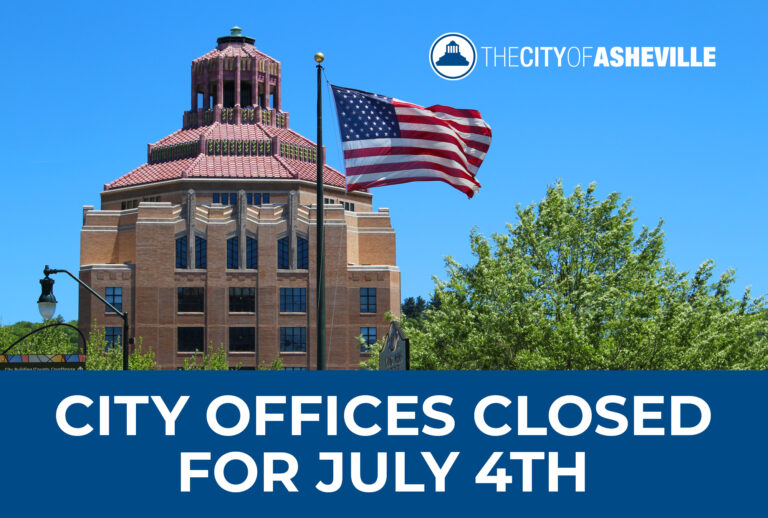 City hall and flag with tex: City offices clsoed for July 4th