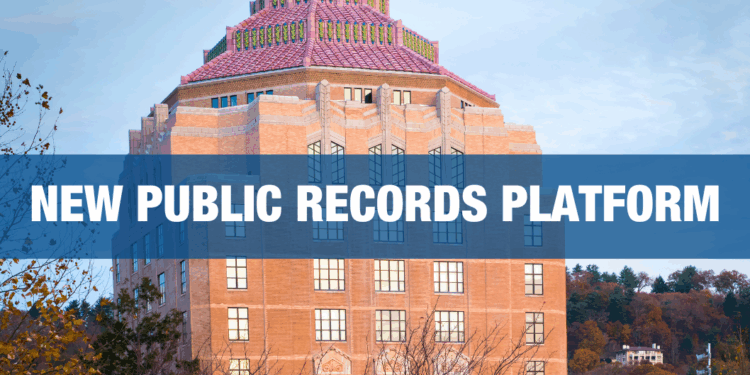 Picture of city hall with the grpahics " New Public Rocrds Platorm" imposed in an overlay