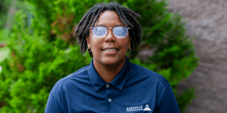 maria young wearing blue Asheville Parks & Recreation shirt