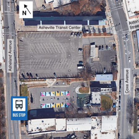 Aerial image of maps marked with where the greyhound bus stop is.
