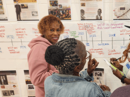 two african american women standing in front of timeline for Walton Street Park project