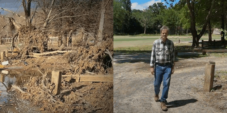 park pathway that shows Helene damage, then Helene clean up