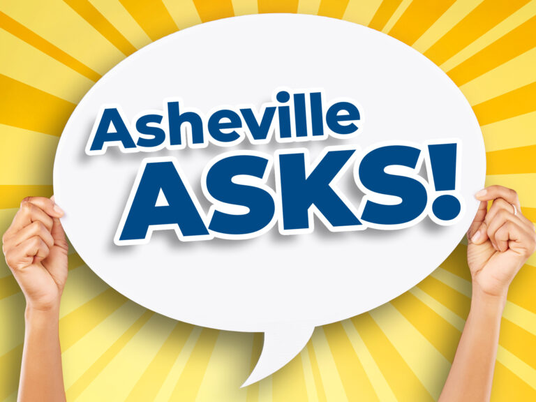 Hands holding up a speech bubble that says, "Asheville Asks!"