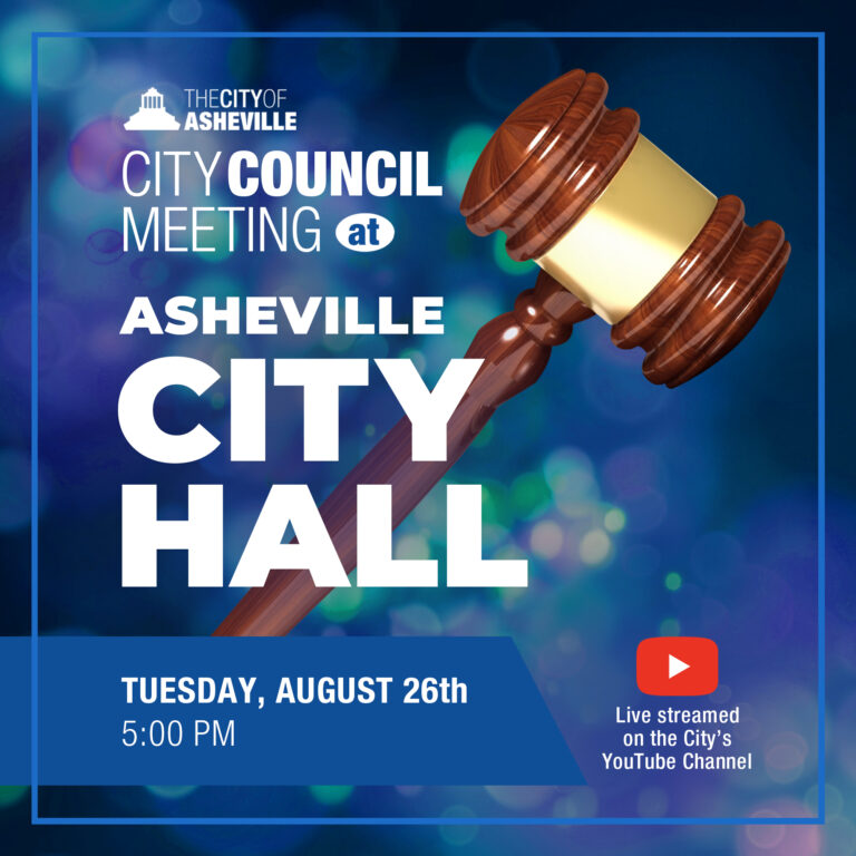 City Council information over grpahic of a gavel County meeting Asheville City Hall Tuesday August 26, 2025 5 pm