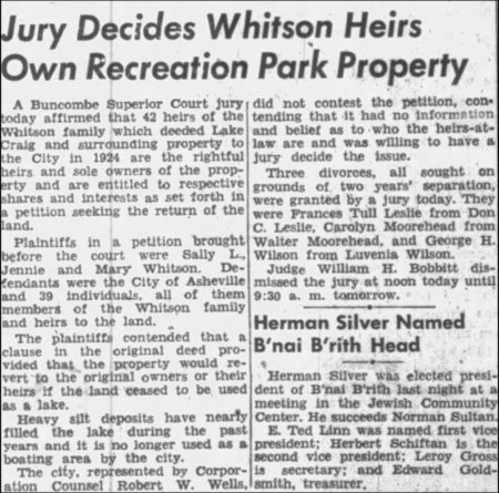 newspaper image with title "Jury decided whitson heirs own recreation park property"