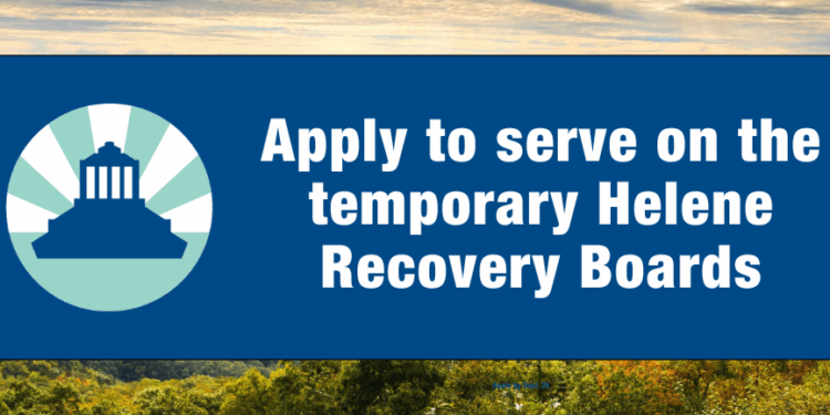 scenic view of asheville with text reading apply to be serve on the helene recovery boards and the city logo