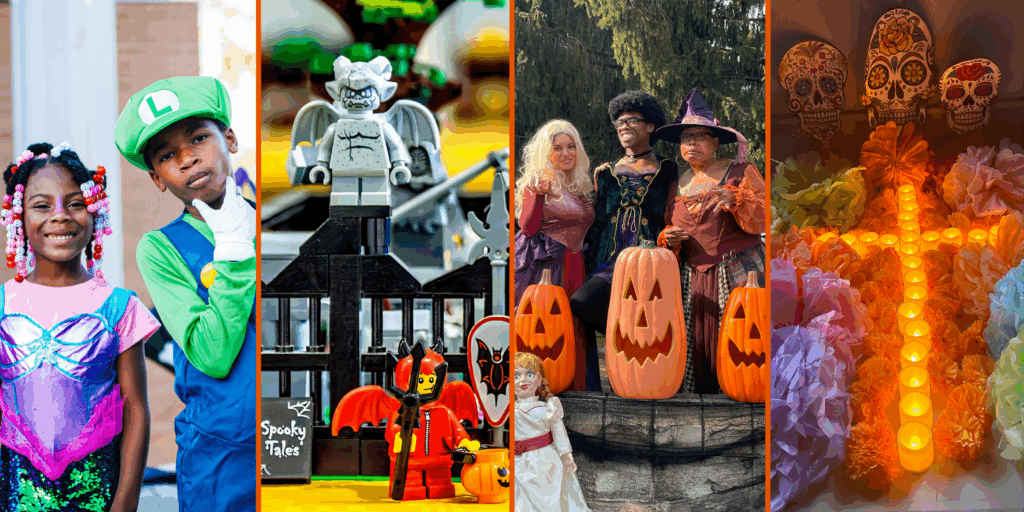 montage of halloween images including children dressed in costumes, a halloween scene made from legos and a candle display