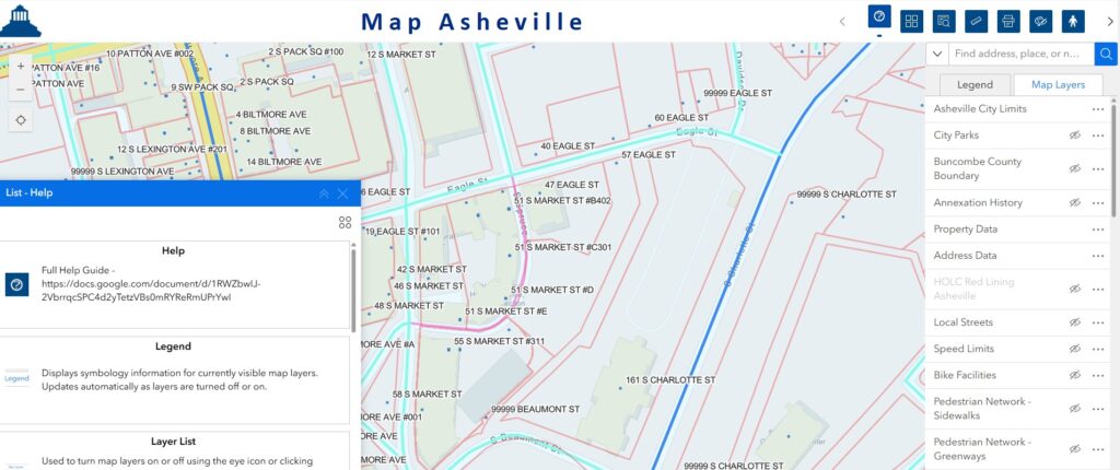 screenshot of updated Map Asheville showing layers list menu