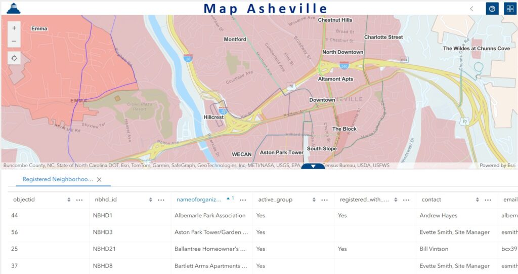 screenshot of updated Map Asheville showing a data table