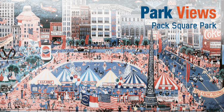 cartoon style artistic drawing of pack square park featuring the Bele Chere festival