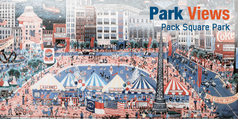 cartoon style artistic drawing of pack square park featuring the Bele Chere festival