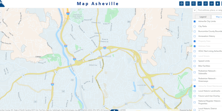 screenshot of Map Asheville showing streets in central area of the city