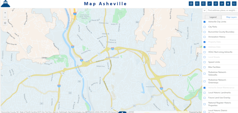 screenshot of Map Asheville showing streets in central area of the city