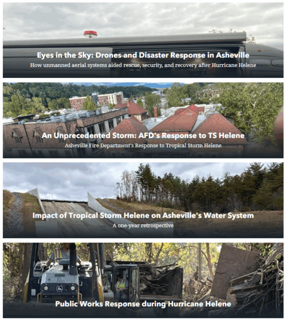 image shows header photos from each of 4 story maps from the Public Works, Fire, Police and Water Departments
