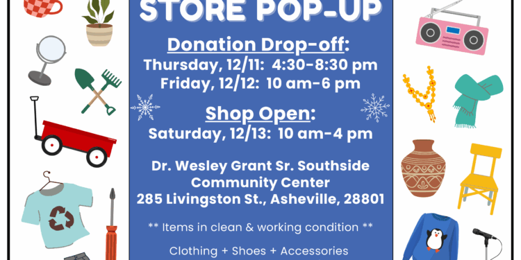 event information is surrounded by a border of possible items to donate including clothing, toys, household itmes