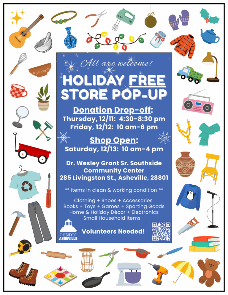 event information is surrounded by a border of possible items to donate including clothing, toys, household itmes