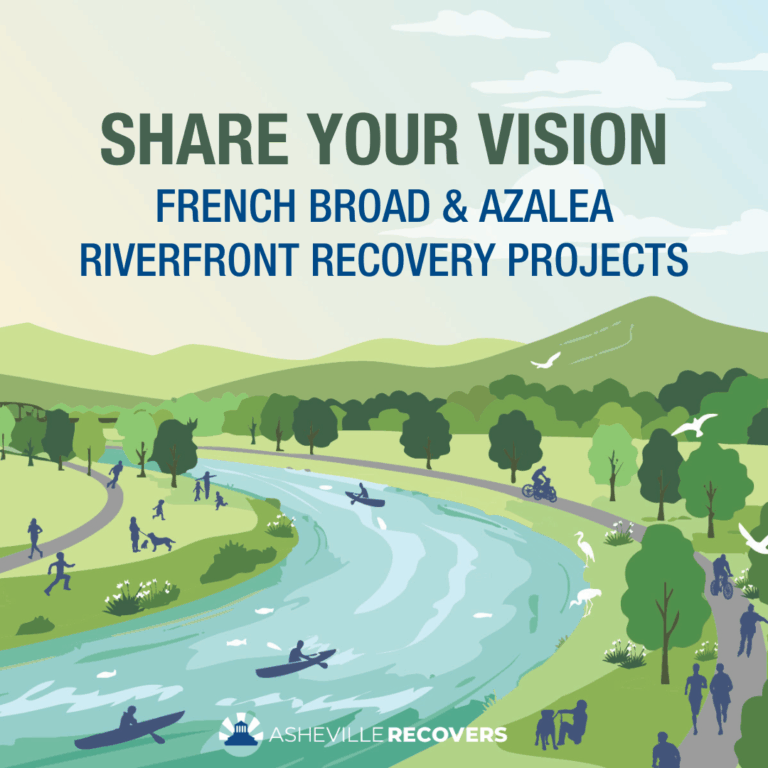graphic of boaters on river - Share your vision French Broad and Azaela Riverfront Recovery Projects