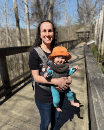 Summer Diemer with infant in front facing baby carrier