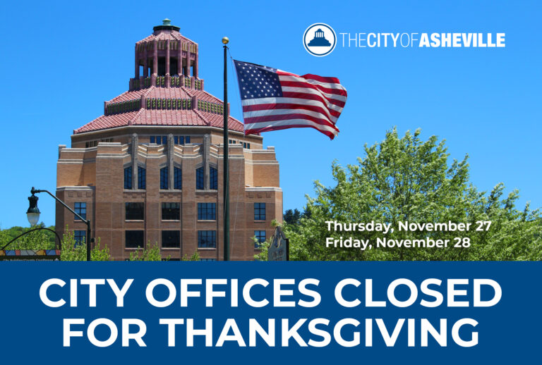 text: city offices clsoed Thusday, Nov 27 & Friday Nov 28 superimposwed of a picture of city Hall dome and american flag