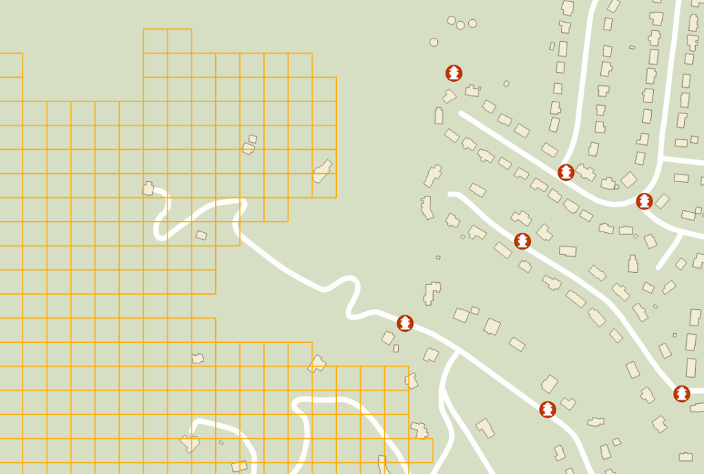 map showing grids of areas that could have low water service when responding to a fire in that area
