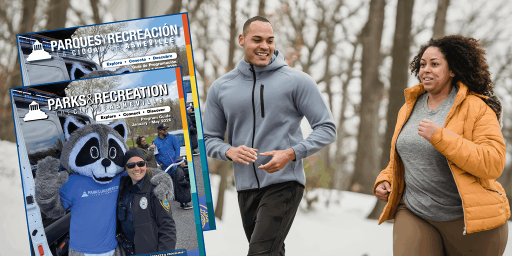 cover of new Parks & Recreation program guide is over a photograph of man and woman walking in snow