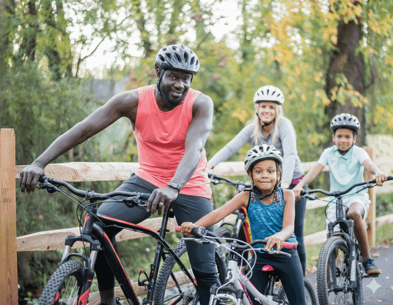 family of 4 rides bikes on greenway