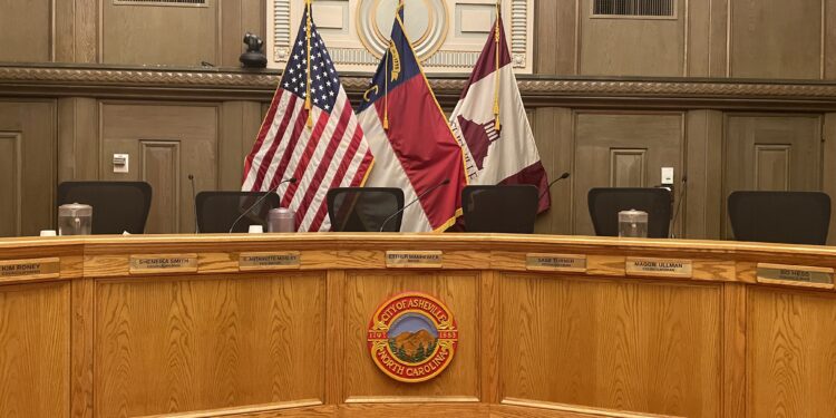 Council dias in front of American, North Carolina and City flags