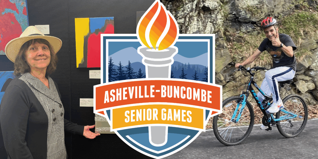 a collage that consists of a woman displaying her art creation, the senior games logo and a man on a bicycle