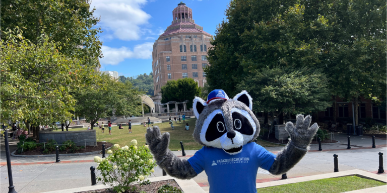 person in anamorphic raccoon mascot costume standing in front of asheville city hall