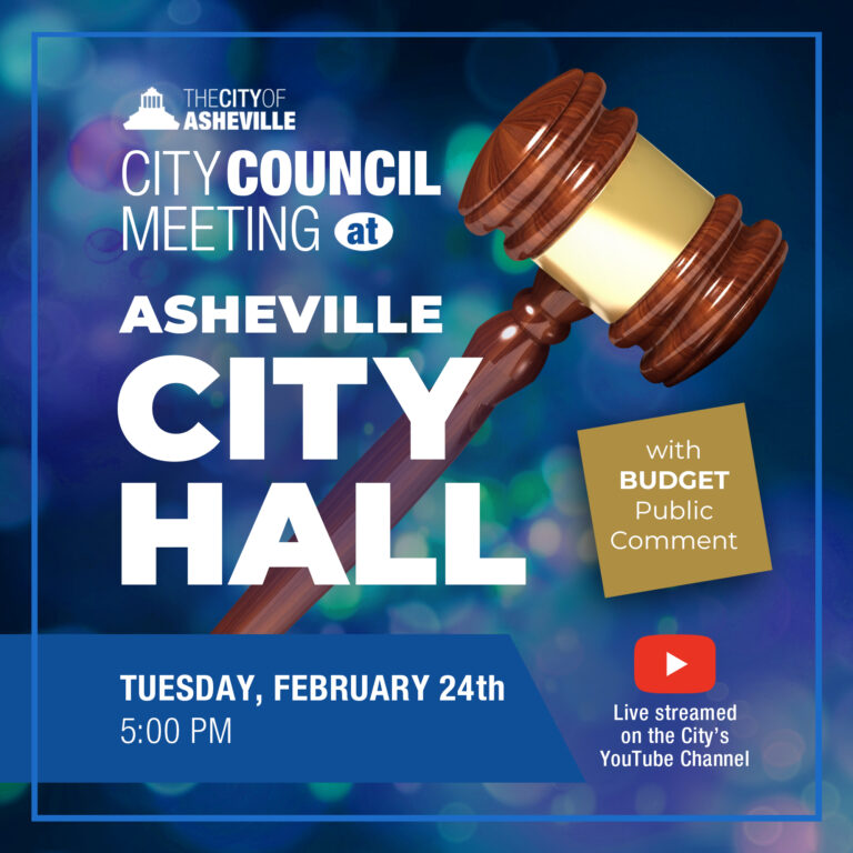 Announcement for Asheville City Council meeting at City Hall on March 24th at 5 PM with a gavel image and YouTube live stream info.