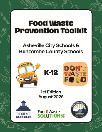 front cover of the Food Waste Prevention Toolkit, showing a cartoon school bus waving and a "don't waste food" graphic.