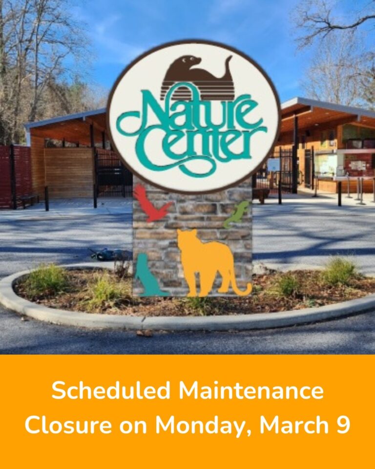nature center logo over a picture of the front entrance of the WNC Nature Center in the daytime text states scheduled Maintenance closure on Monday, March 9